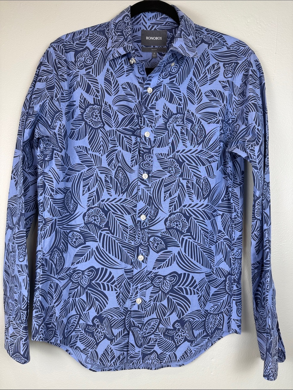 Bonobos Men’s Slim Fit Blue Botanical Leaf Print Button Down Shirt - Small EUC